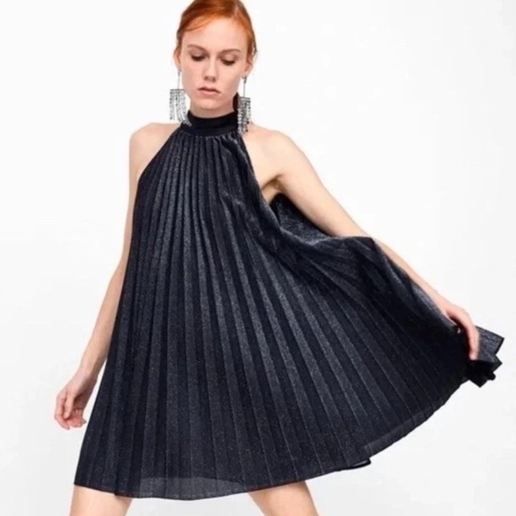 Zara Dresses & Skirts - ZARA Pleated Halter Accordian Mini Dress XS Black Silver Cocktail Wedding LBD
